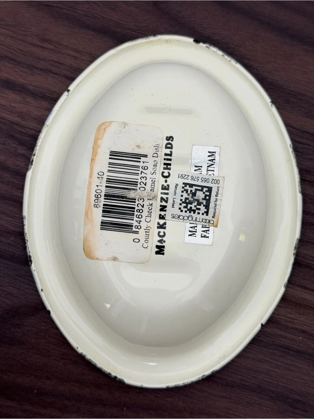 MacKenzie-Childs Oval Ceramic soap Dish in Cream with Black Trim